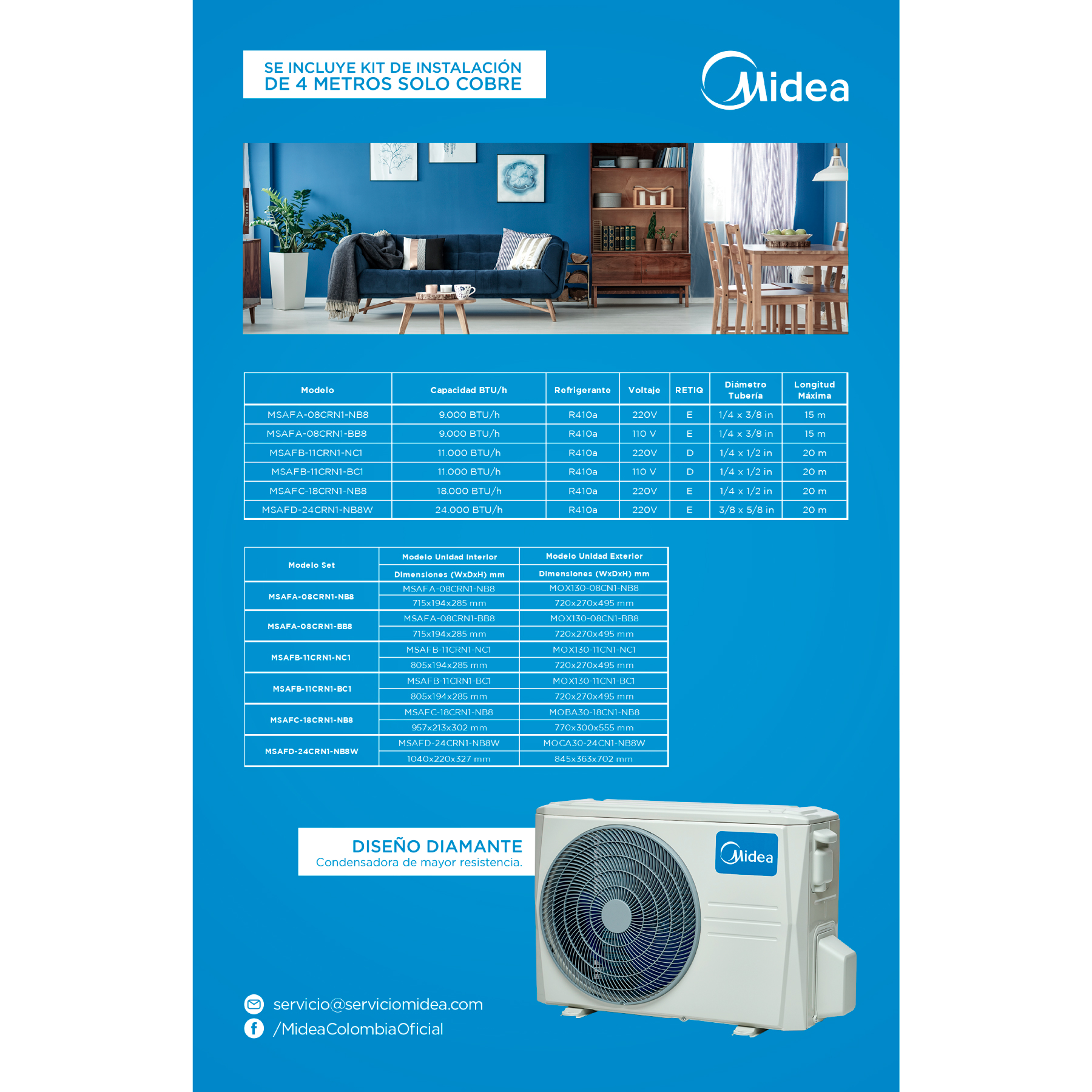 AIRE ACONDICIONADO MINI SPLIT ON / OFF 12000 BTU 110V EFICIENCIA 13S R410A MIDEA - Imagen 6