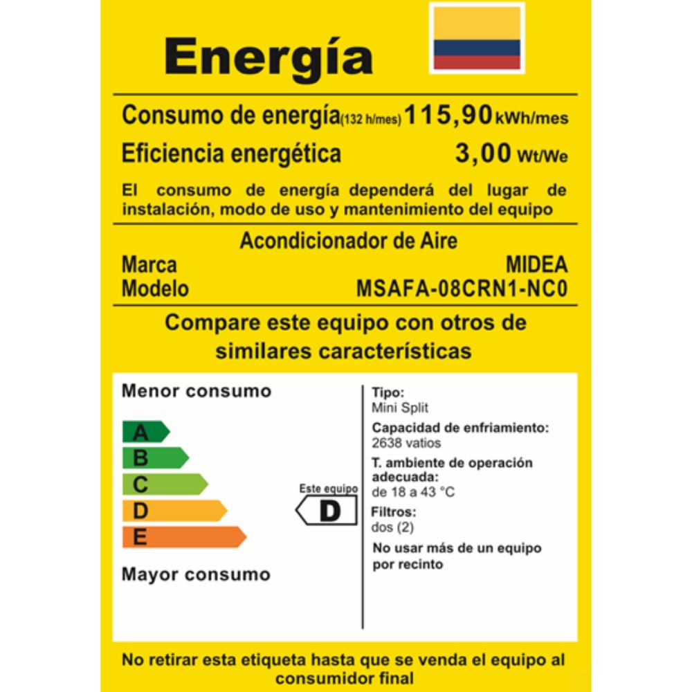 AIRE ACONDICIONADO MINI SPLIT ON / OFF 9000 BTU 220V EFICIENCIA 13S R410A MIDEA - Imagen 7