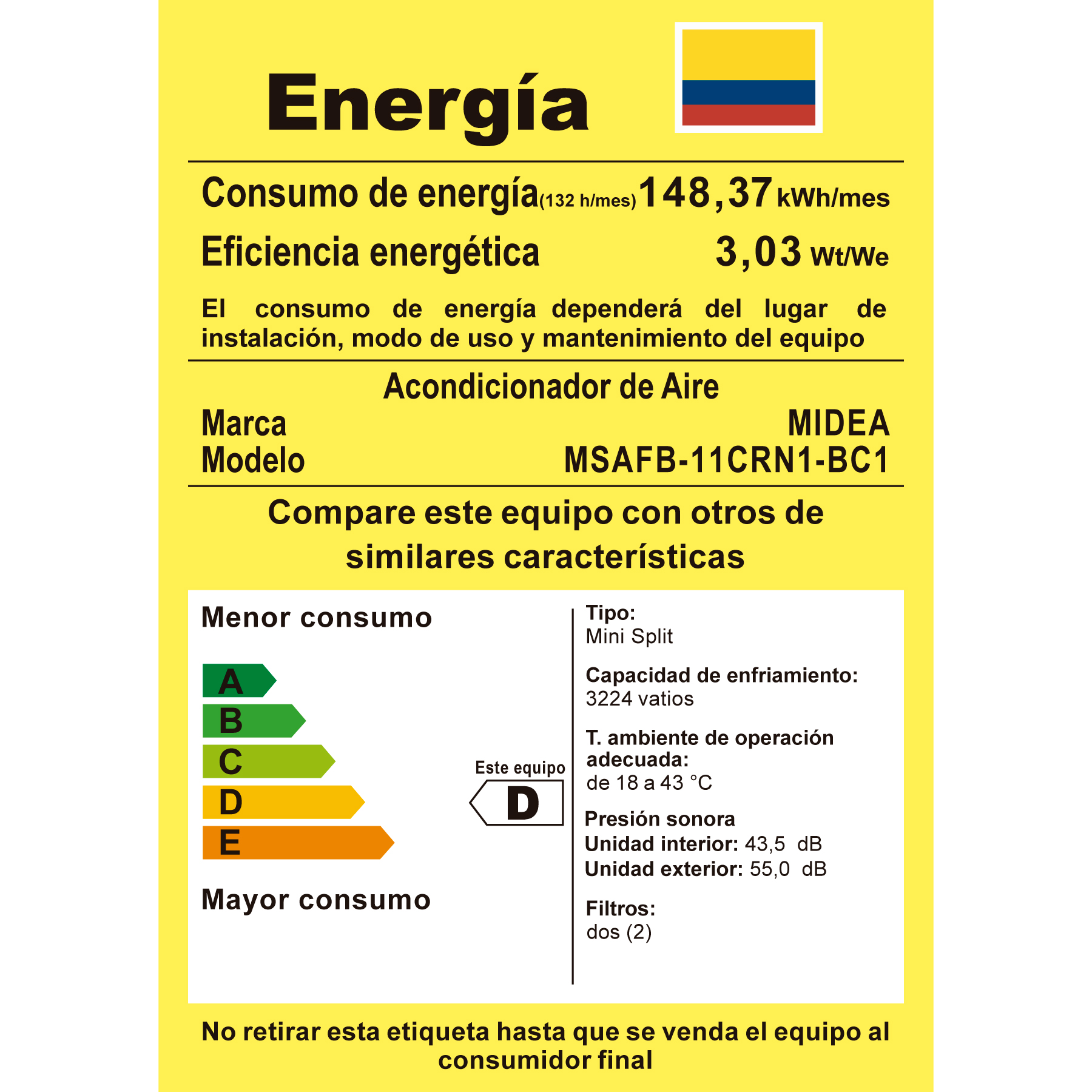 AIRE ACONDICIONADO MINI SPLIT ON / OFF 12000 BTU 110V EFICIENCIA 13S R410A MIDEA - Imagen 4